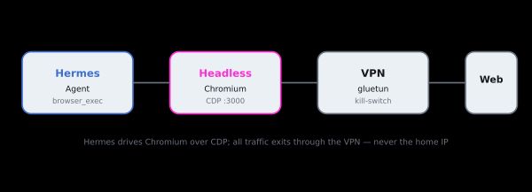 Hermes driving a headless browser through a VPN